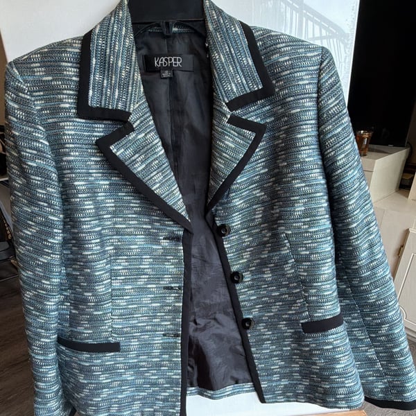 Kasper Black and White Bouclé Blazer with Contrast Trim