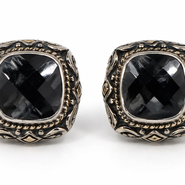 EFFY Balissima 925Sterling Silver Black Onyx Two Tone 18KGold Omega BackEarrings