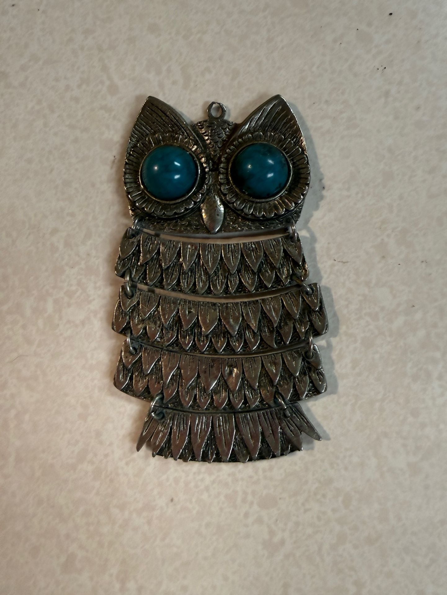 Vintage Large Articulated Owl Pendant Necklace Silver Tone Blue Eyes 2