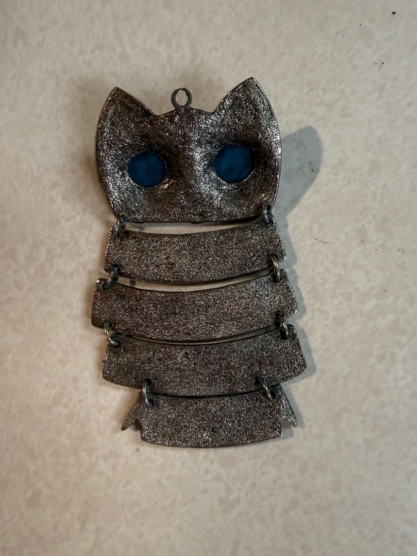 Vintage Large Articulated Owl Pendant Necklace Silver Tone Blue Eyes 3