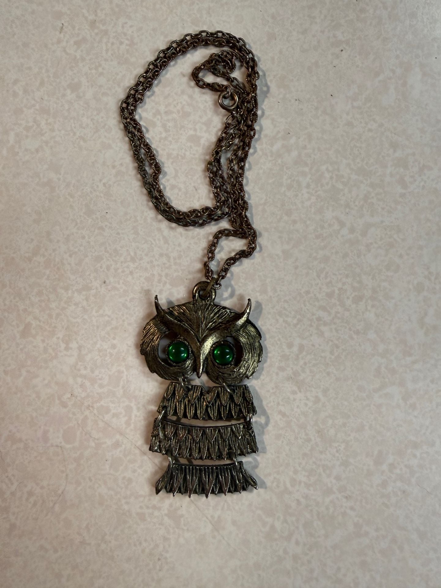 Vintage Articulated Owl Pendant Necklace With Green Eyes And Chain 1