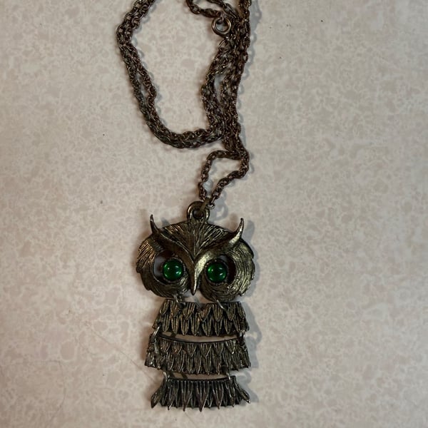 Vintage Articulated Owl Pendant Necklace With Green Eyes And Chain