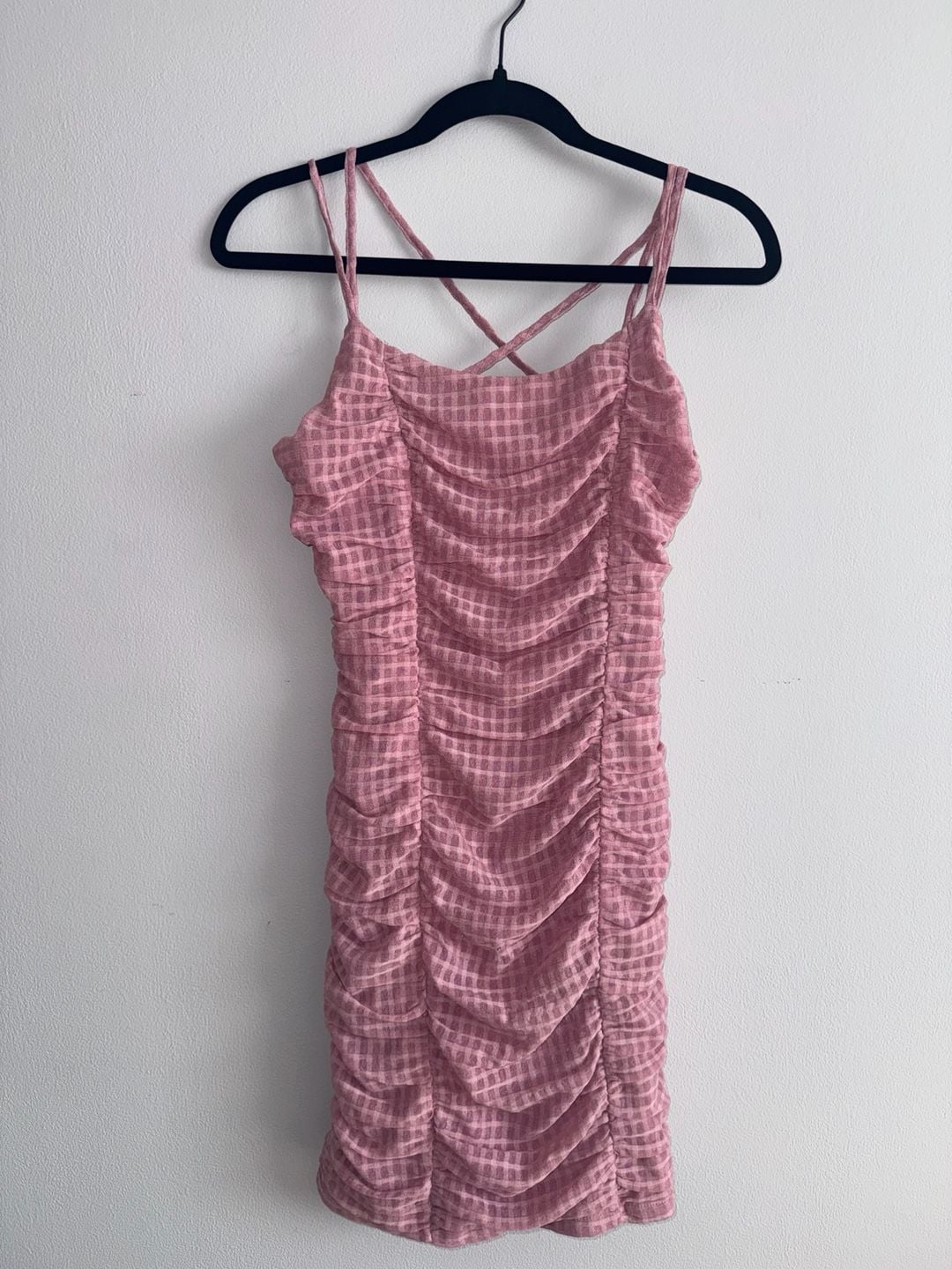 French Kiss Ruched Dress Size M Pink Gingham Mini Bodycon 2