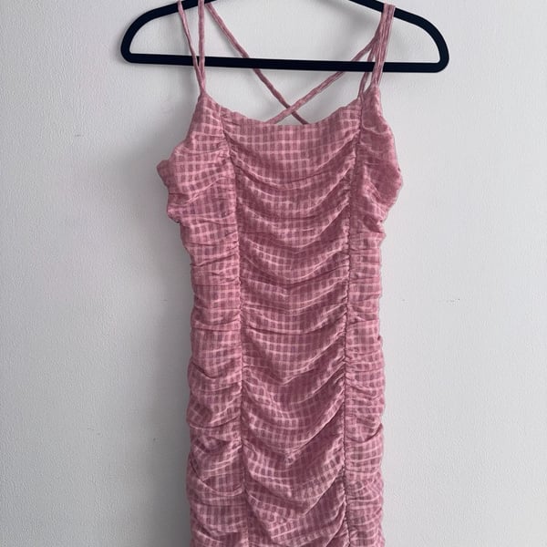 French Kiss Ruched Dress Size M Pink Gingham Mini Bodycon