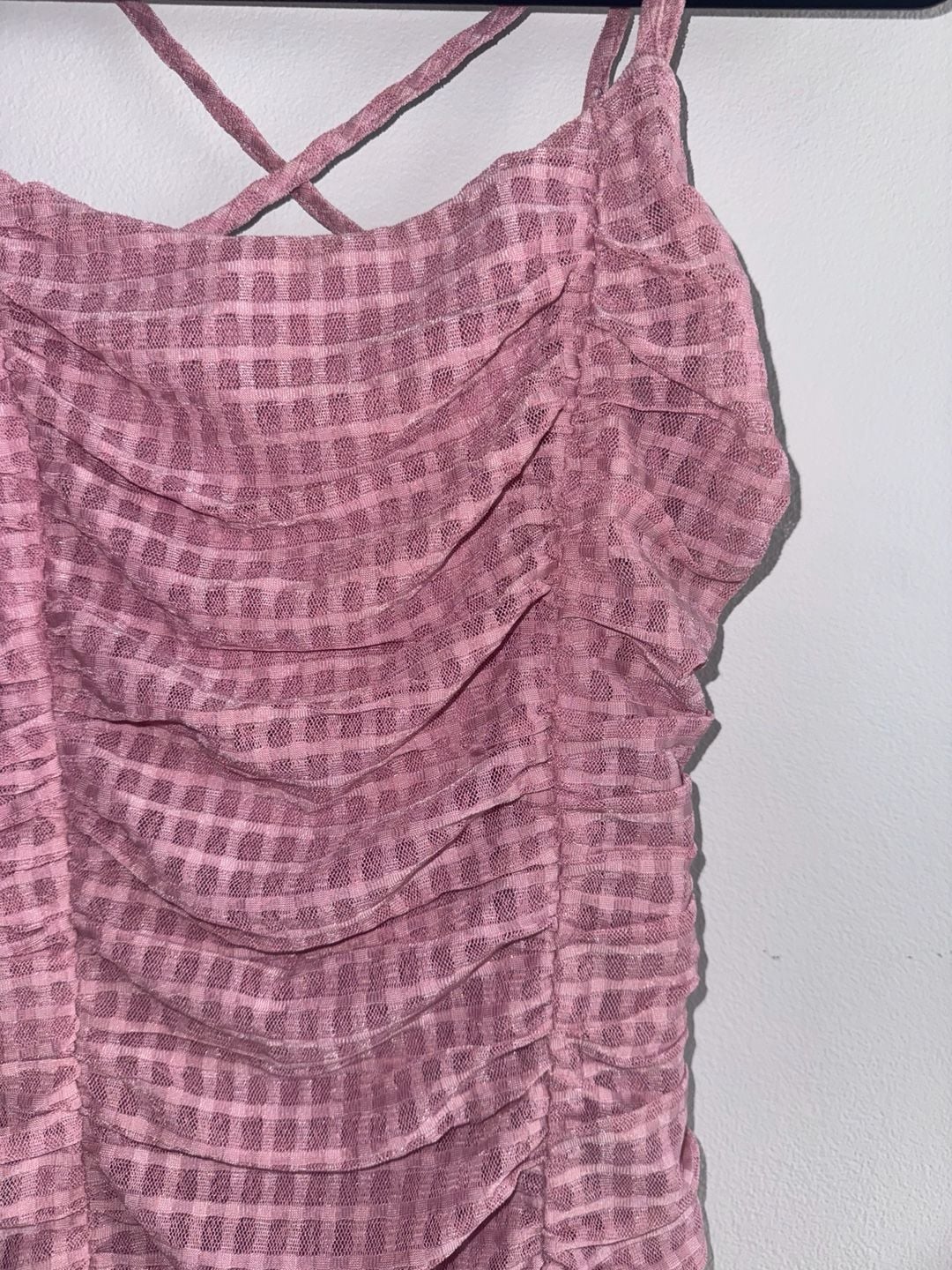 French Kiss Ruched Dress Size M Pink Gingham Mini Bodycon 4