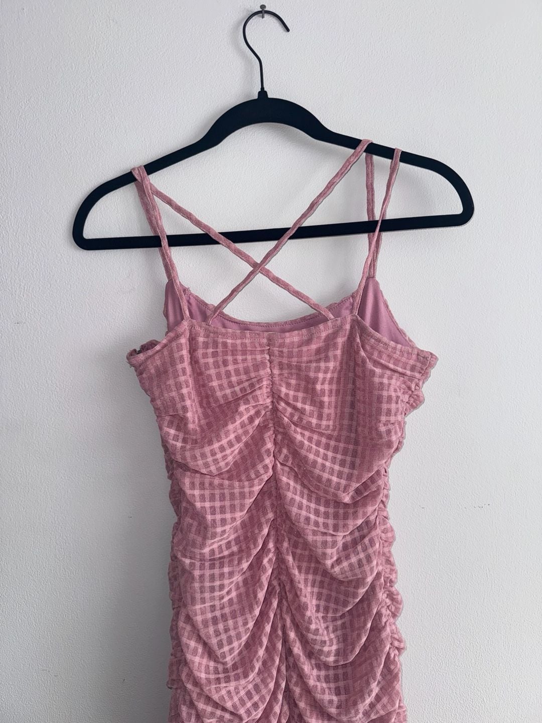 French Kiss Ruched Dress Size M Pink Gingham Mini Bodycon 5