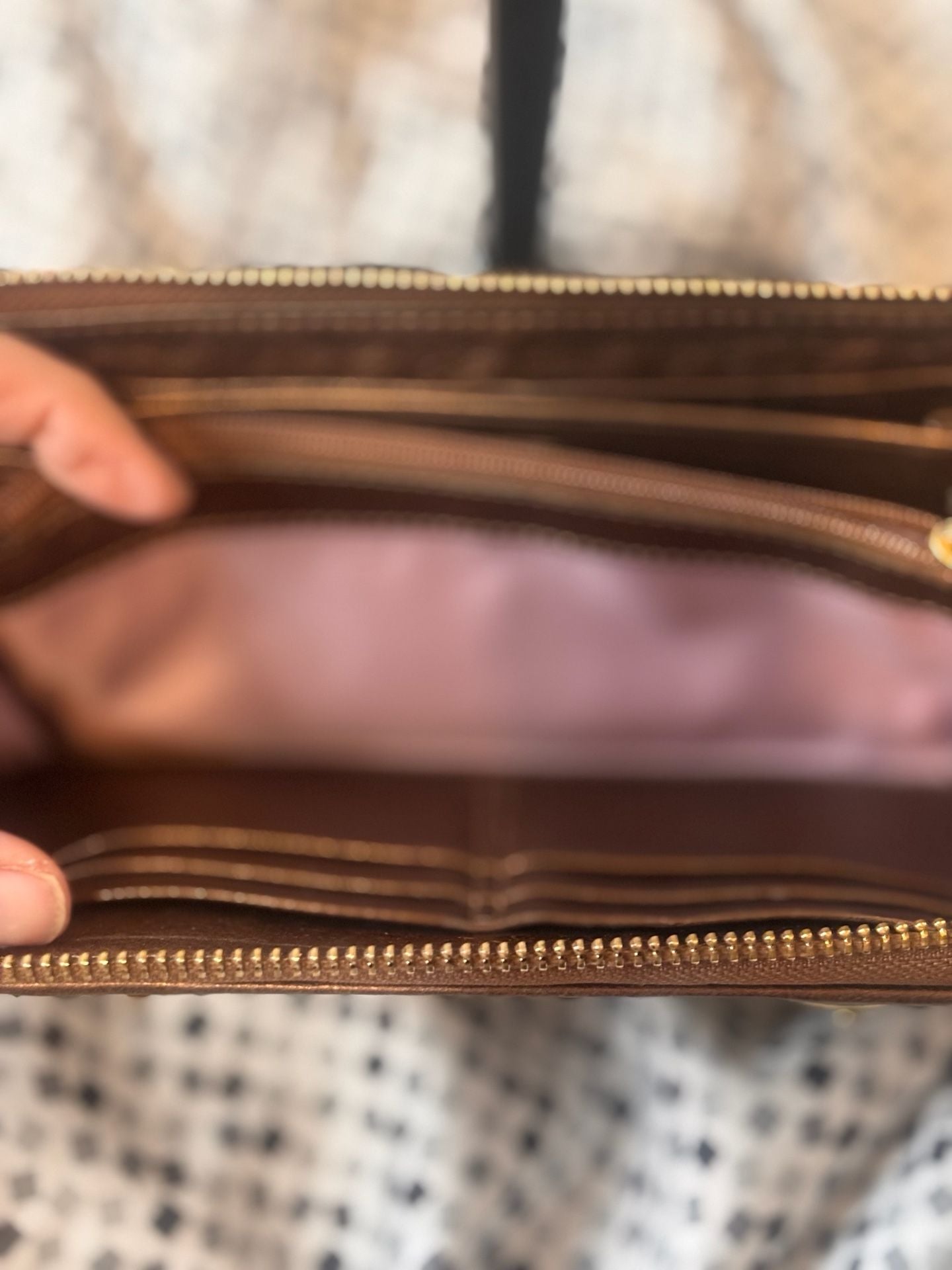 Coach Camel Leather Zip Around Wallet with Gold Hardware and the embossed Coach  7