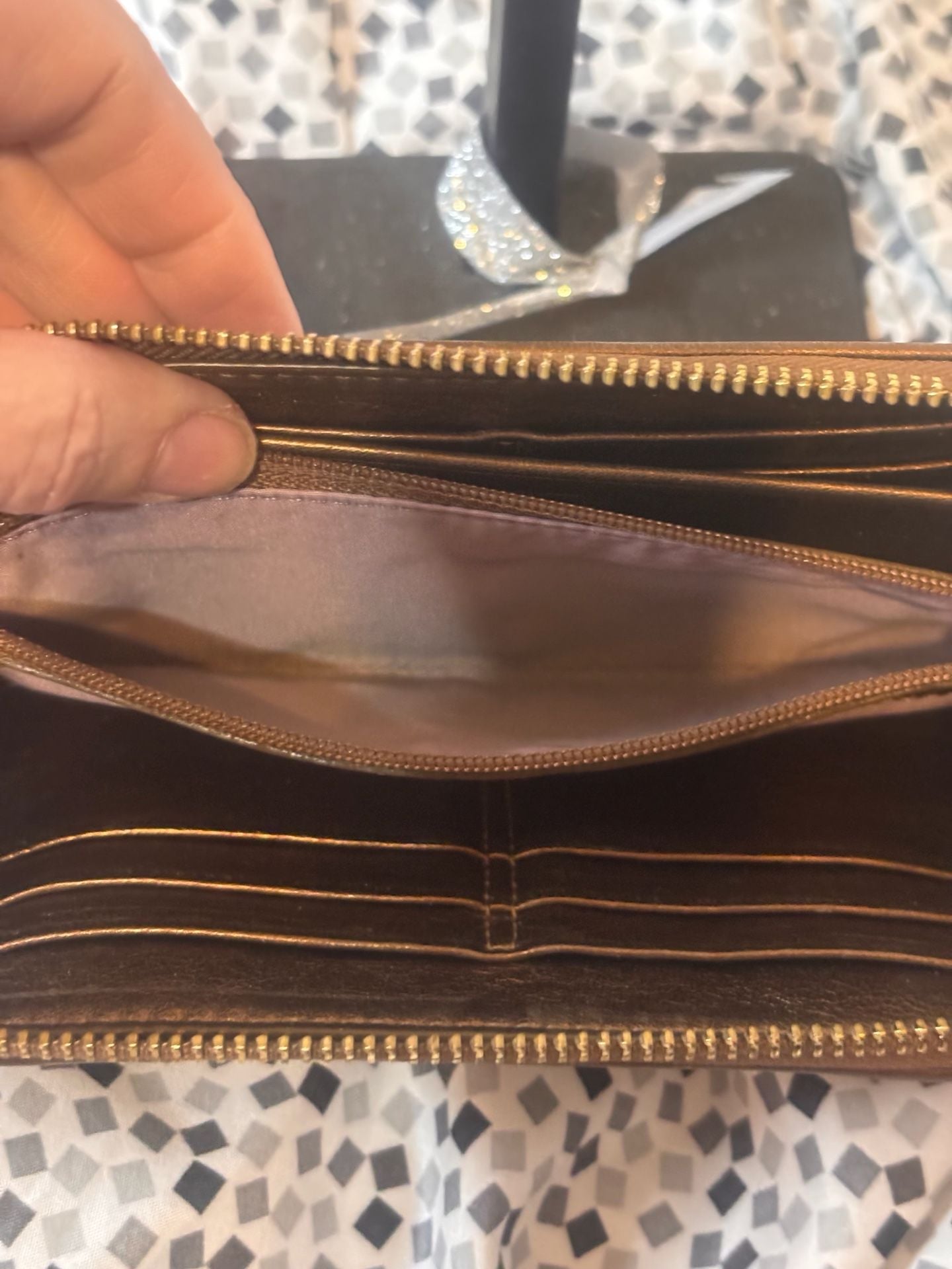 Coach Camel Leather Zip Around Wallet with Gold Hardware and the embossed Coach  8