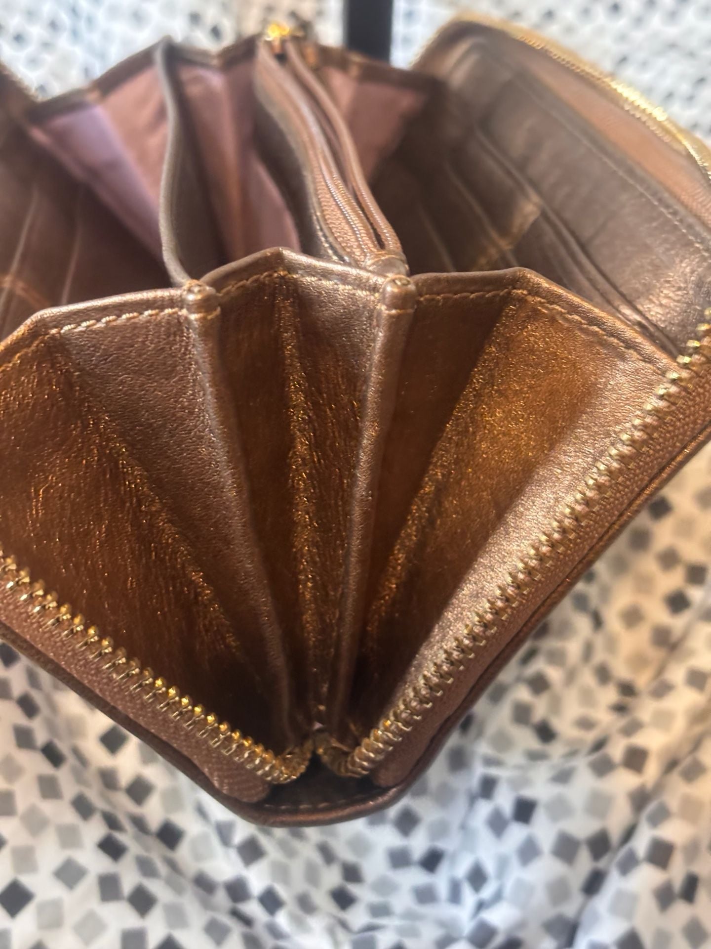 Coach Camel Leather Zip Around Wallet with Gold Hardware and the embossed Coach  9