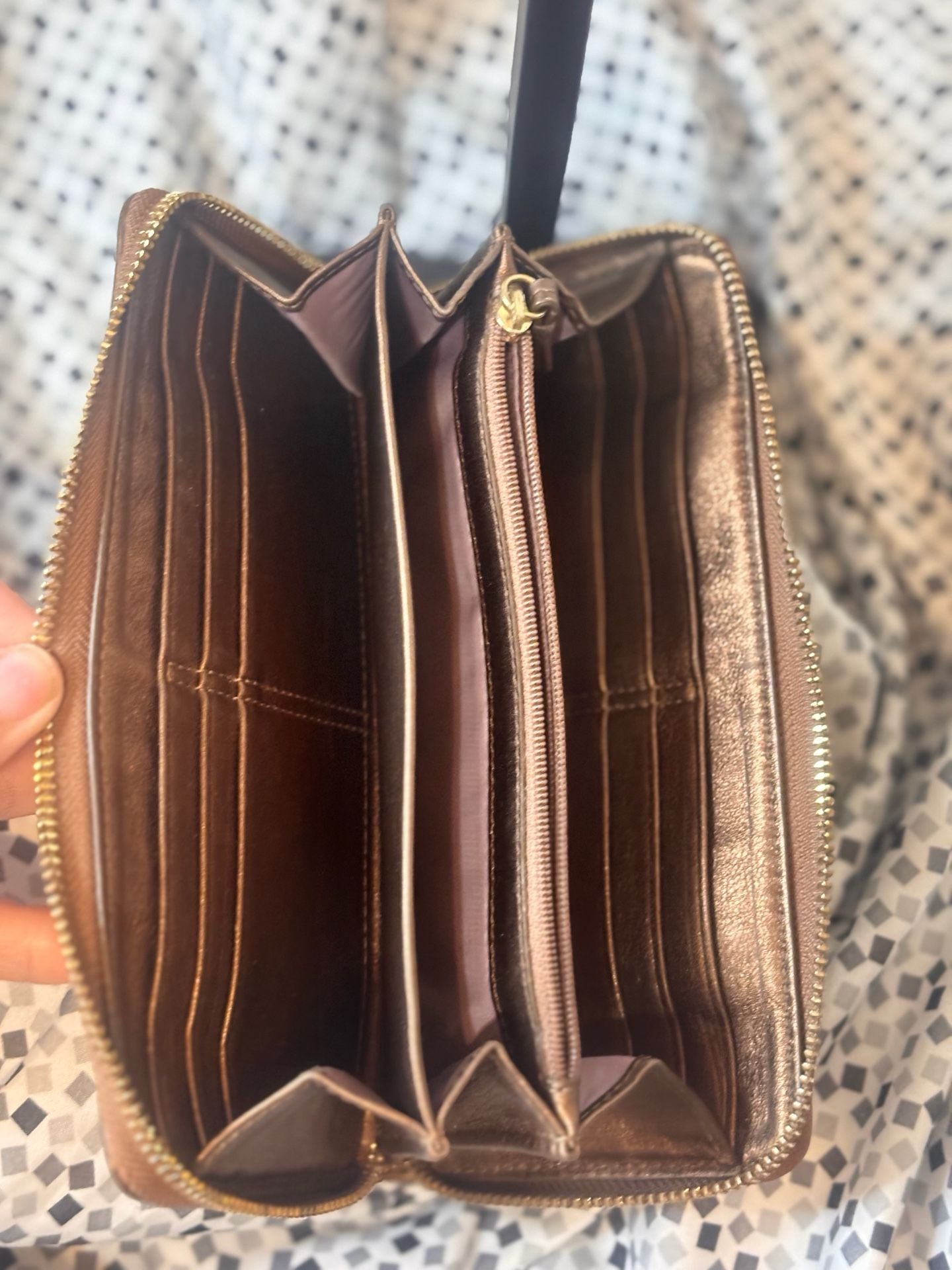 Coach Camel Leather Zip Around Wallet with Gold Hardware and the embossed Coach  10