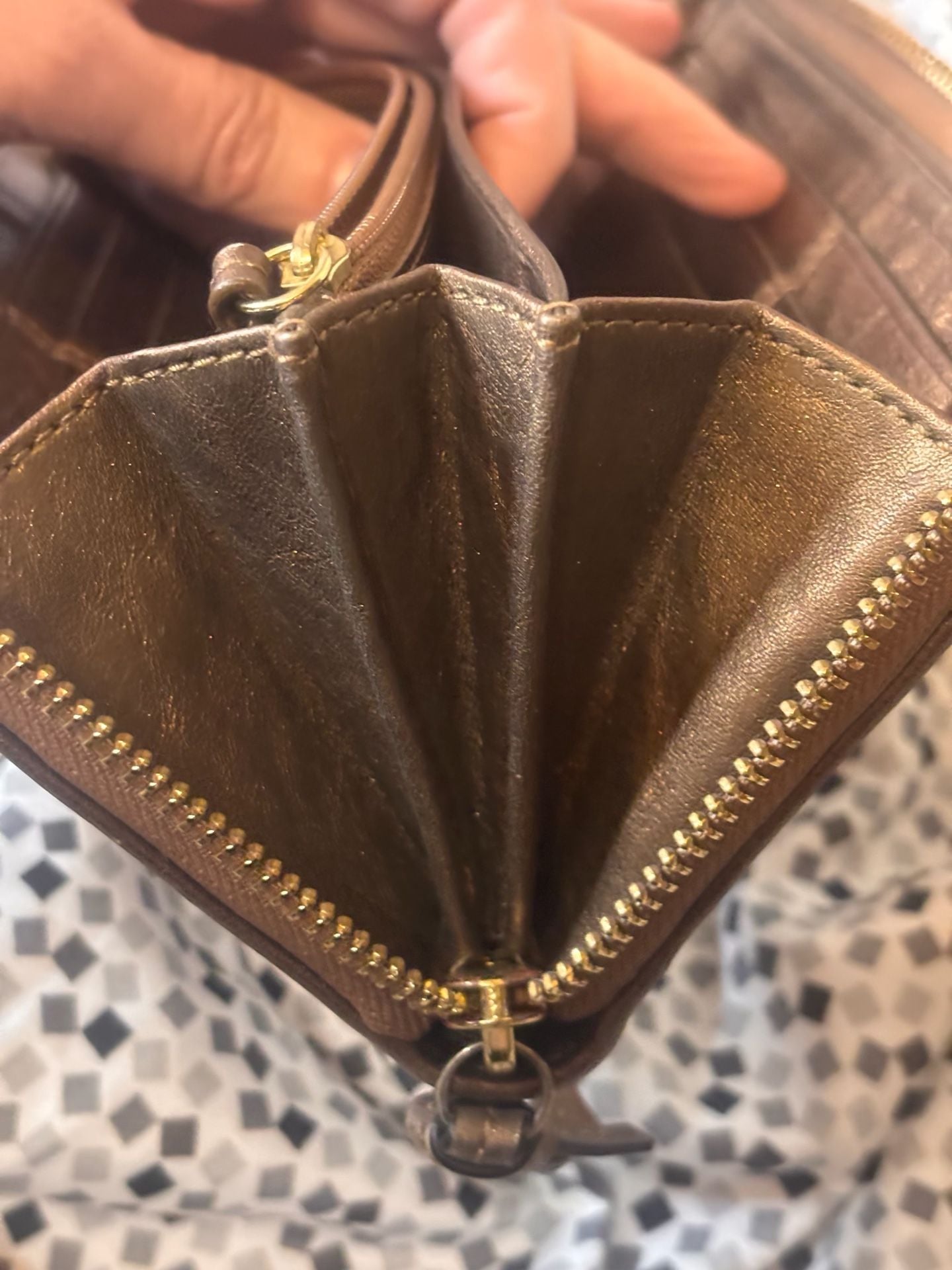 Coach Camel Leather Zip Around Wallet with Gold Hardware and the embossed Coach  12