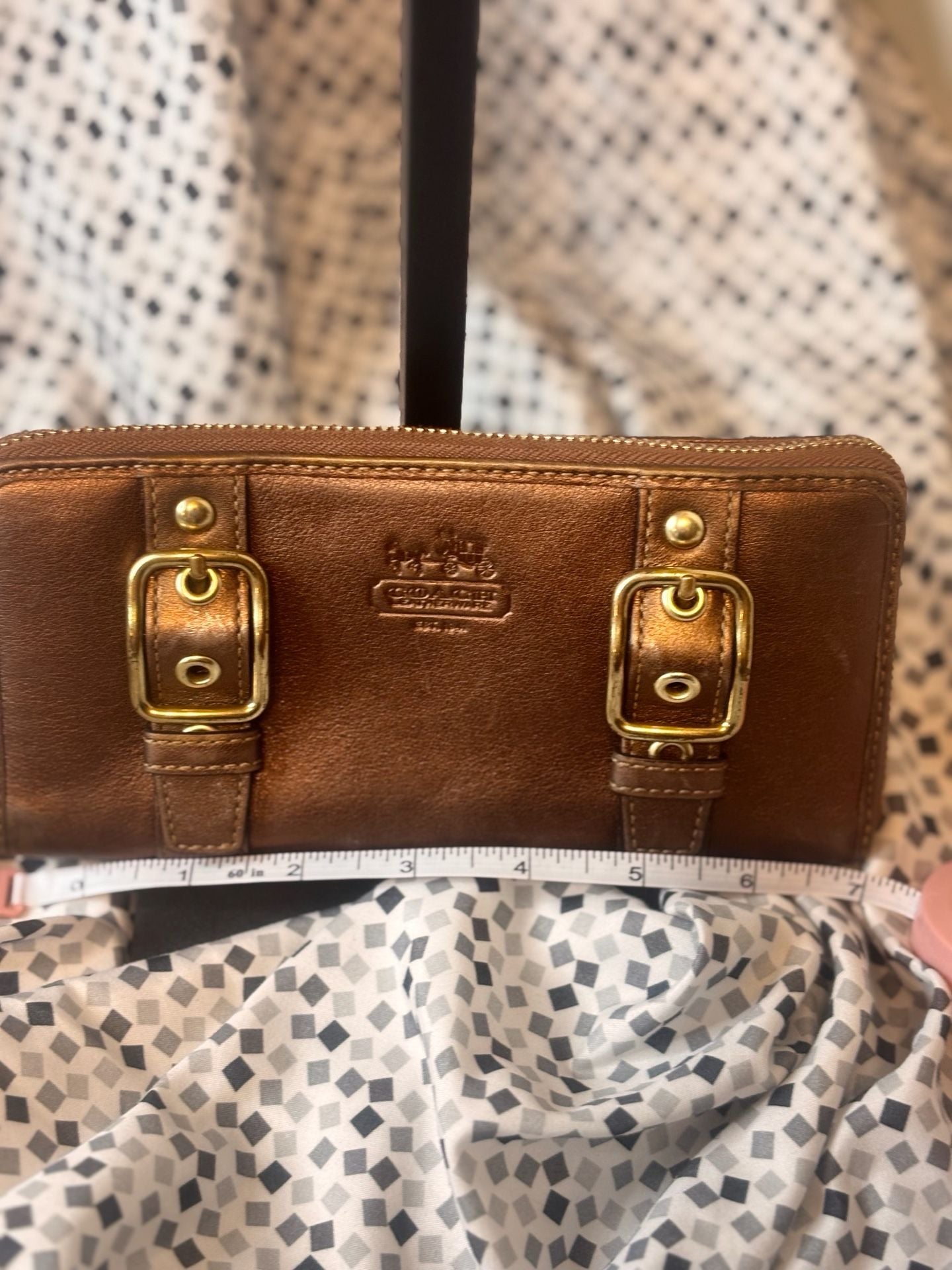 Coach Camel Leather Zip Around Wallet with Gold Hardware and the embossed Coach  13