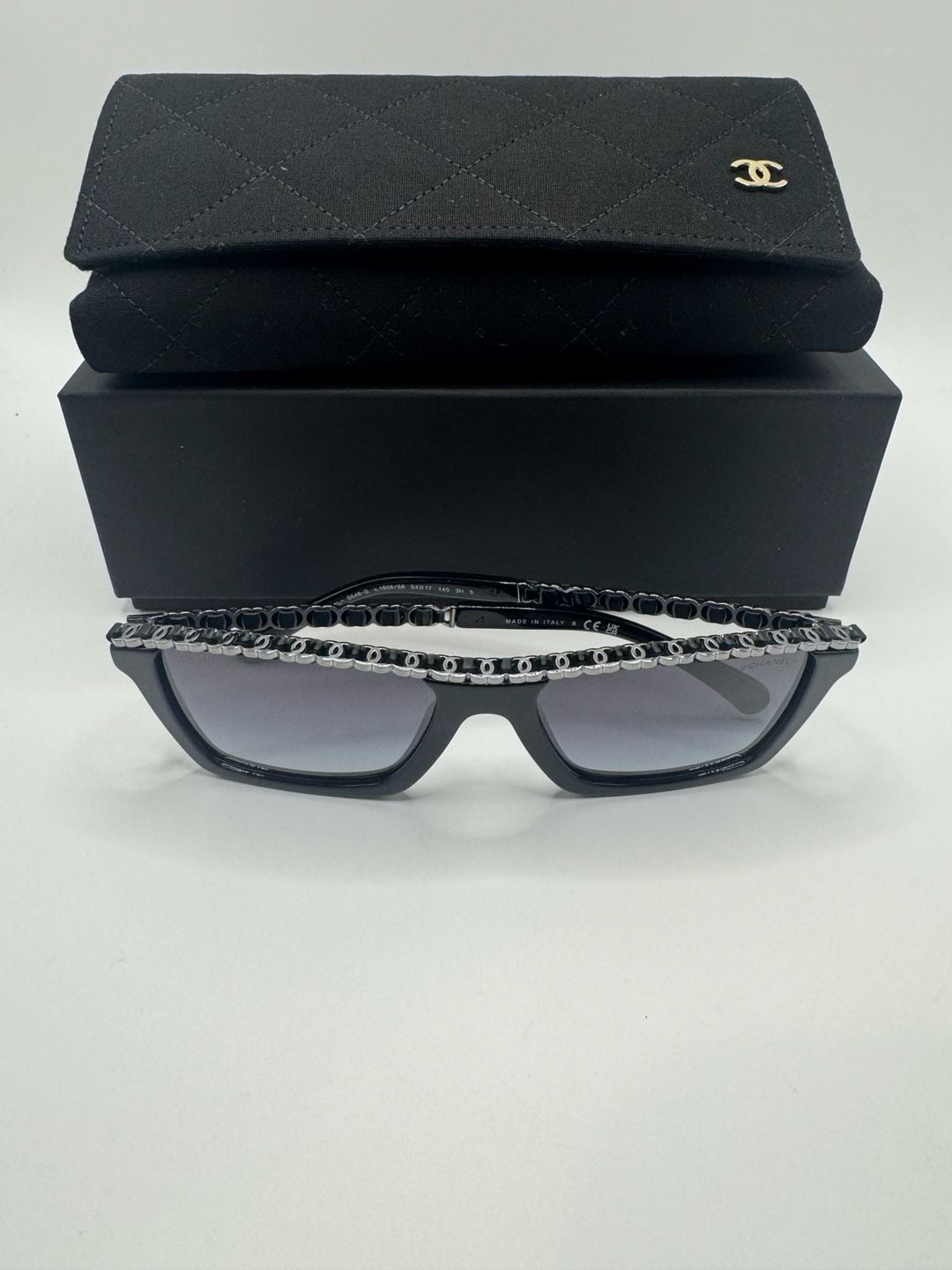 Authentic New Chanel Rectangle Sunglasses 5448-Q Size 54-17 Black Chain Frame 2