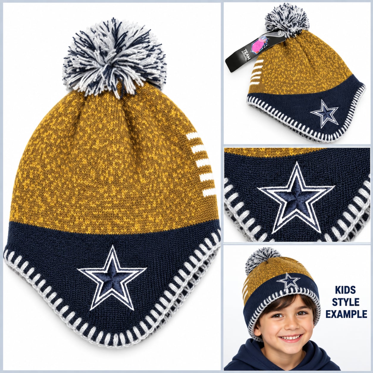 Kids’ Dallas Cowboys Star Pom Beanie Gold & Navy NWT 2