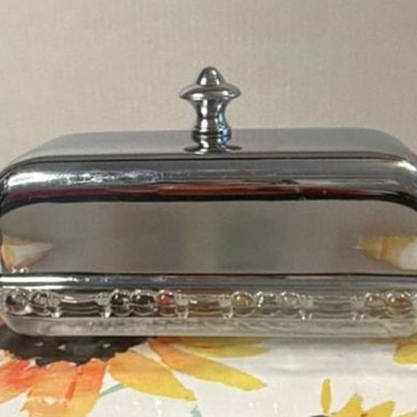 Vintage Glass Butter Dish Chrome Lid Mid Century Kitchen Decor