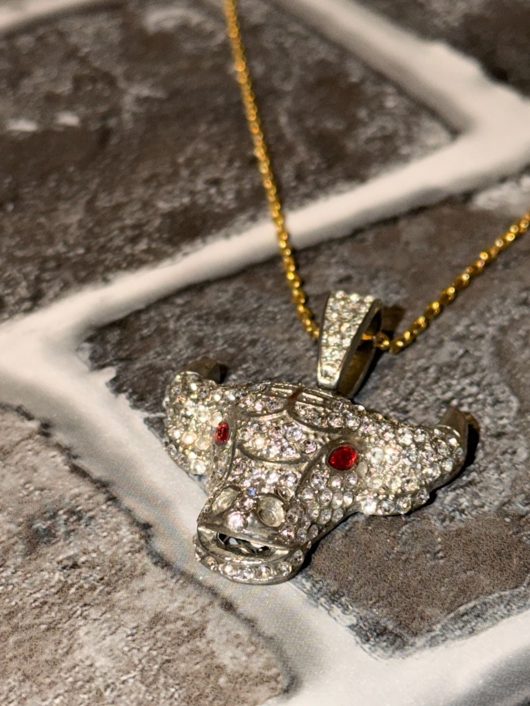 Unbranded Iced Out Bull Head Pendant Necklace with Red Stone Eyes 2