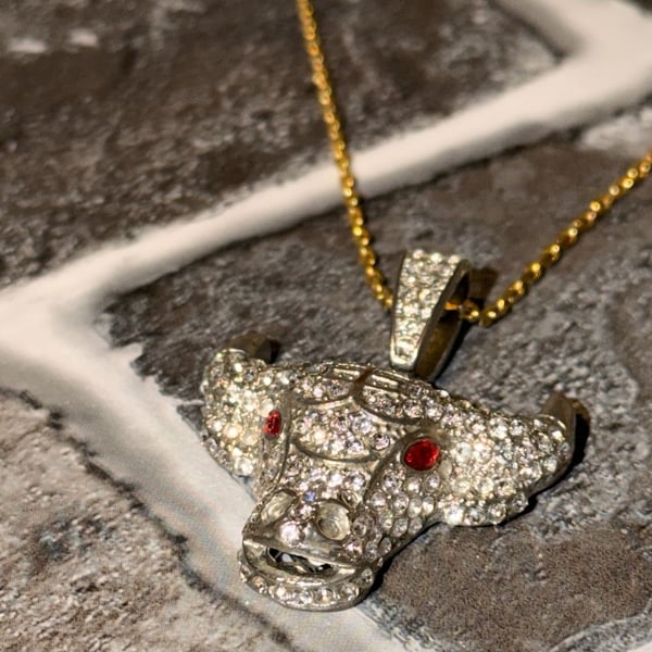 Unbranded Iced Out Bull Head Pendant Necklace with Red Stone Eyes