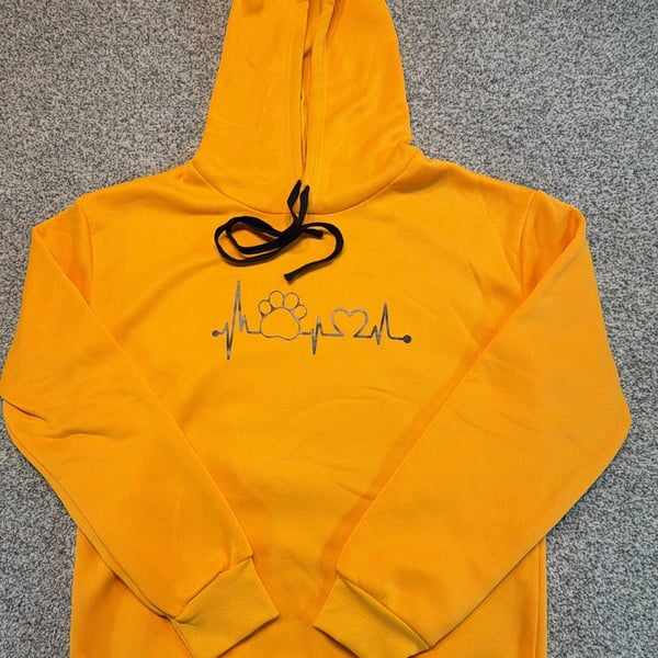 New Heartbeat ECG Paw Print Pullover Hoodie Size M Yellow Unbranded 