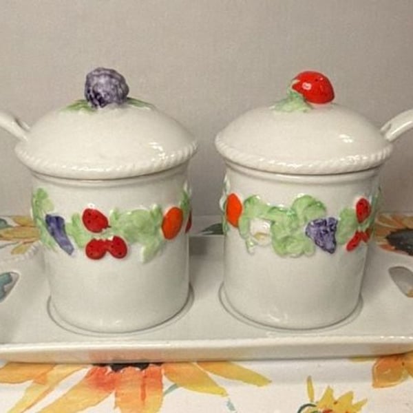 Vintage Ceramic Jam Jelly Jar Set Fruit Motif Lids With Spoons & Tray
