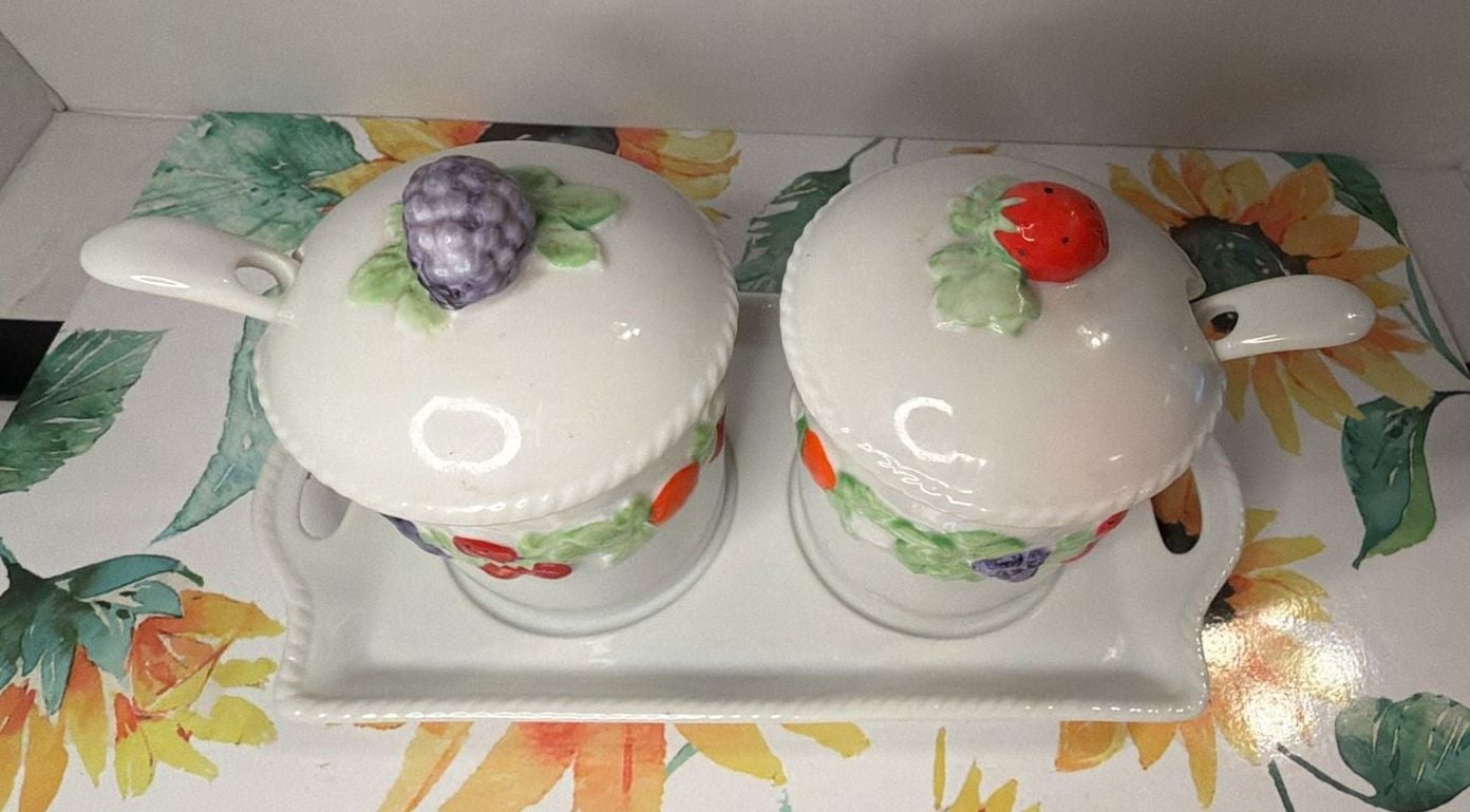 Vintage Ceramic Jam Jelly Jar Set Fruit Motif Lids With Spoons & Tray 8
