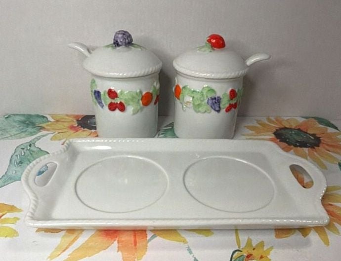 Vintage Ceramic Jam Jelly Jar Set Fruit Motif Lids With Spoons & Tray 9