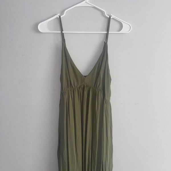 Aerie Cami Maxi Dress Olive Green Tiered V-Neck Pocket
