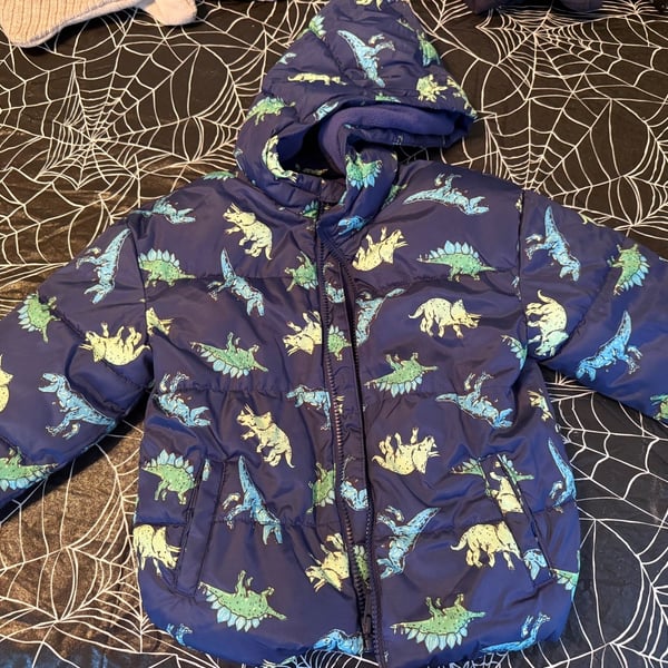 Old Navy Dinosaur Puffer Jacket Size 5T Blue Water-Resistant