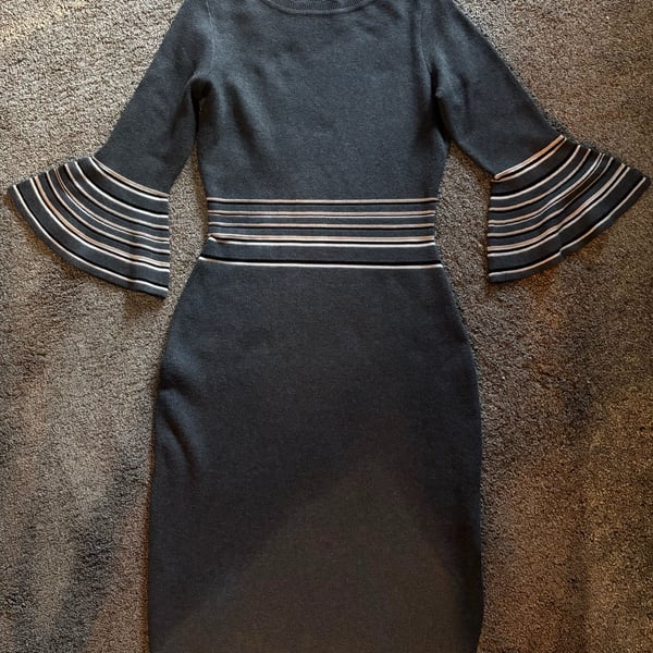 Danny and Nicole Sweater Dress Size L Gray Striped Bell Sleeve