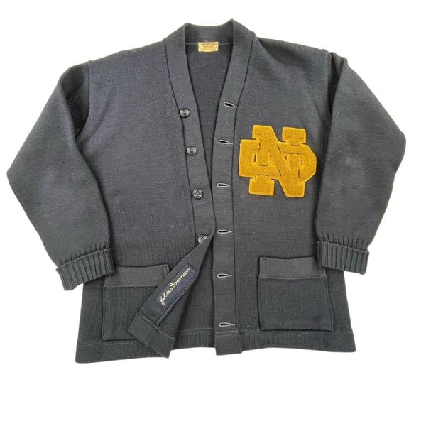 Vintage 1940s Notre Dame Varsity Letterman Cardigan Sand Knit - Sz 46