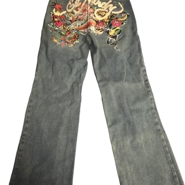 Ed Hardy Tattoo Koi Baggy Jeans Size 28 Blue Y2K