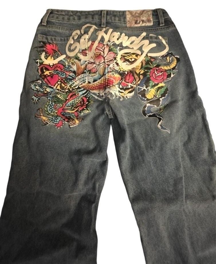 Ed Hardy Tattoo Koi Baggy Jeans Size 28 Blue Y2K 7