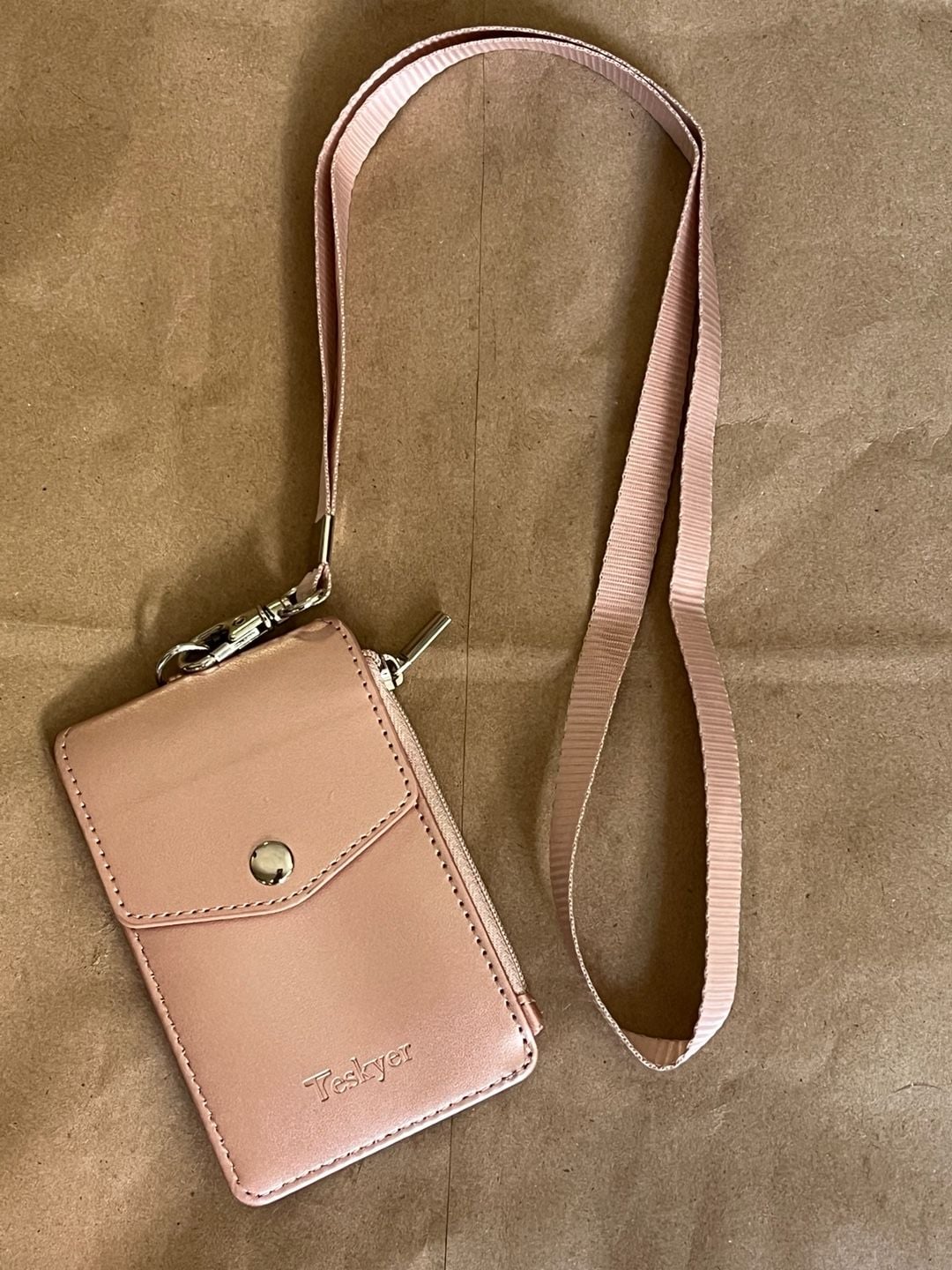Teskyer ID Badge Holder with Lanyard Pink PU Leather Neck Strap 3