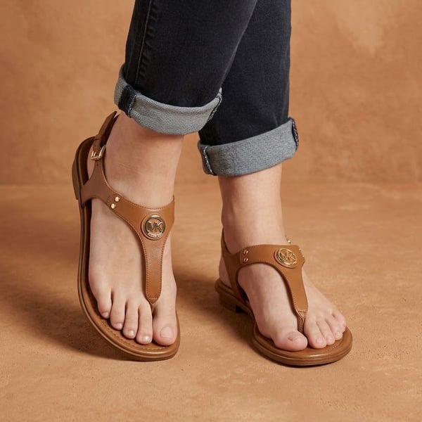 Michael Kors Mandy Leather Logo T-Strap Slingback Sandals Brown