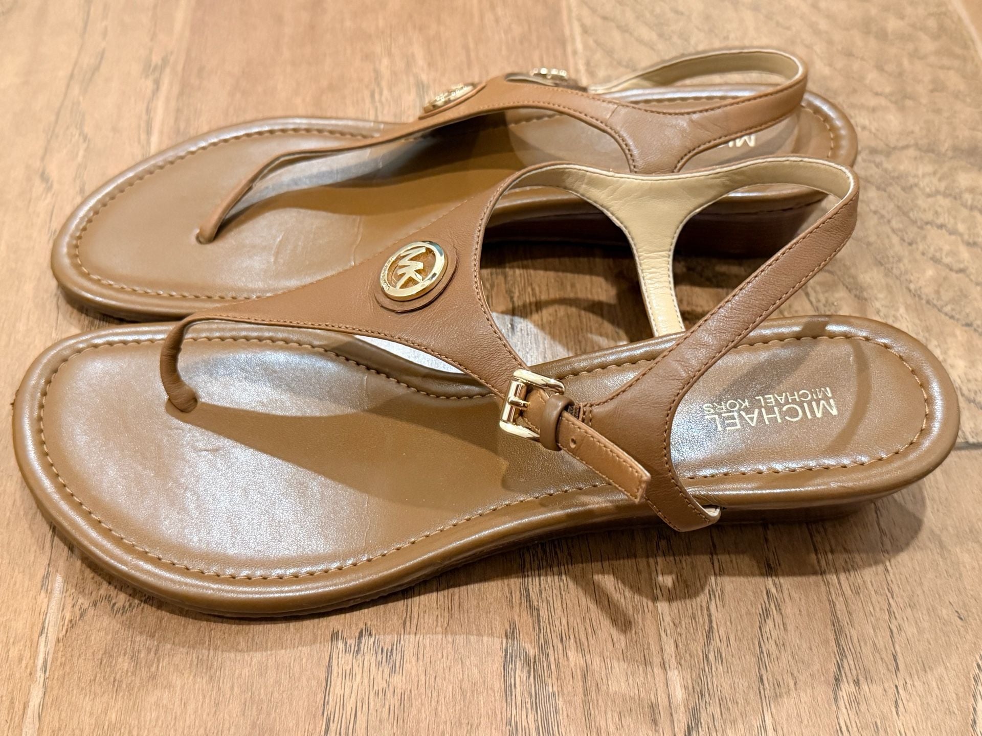 Michael Kors Mandy Leather Logo T-Strap Slingback Sandals Brown 7