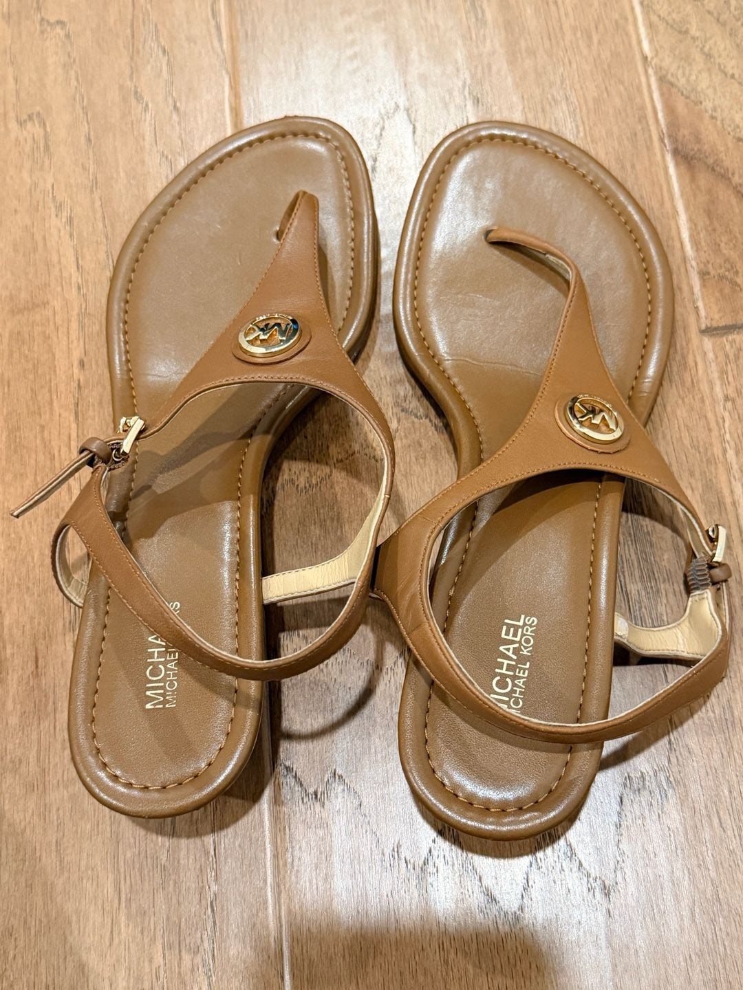 Michael Kors Mandy Leather Logo T-Strap Slingback Sandals Brown 10