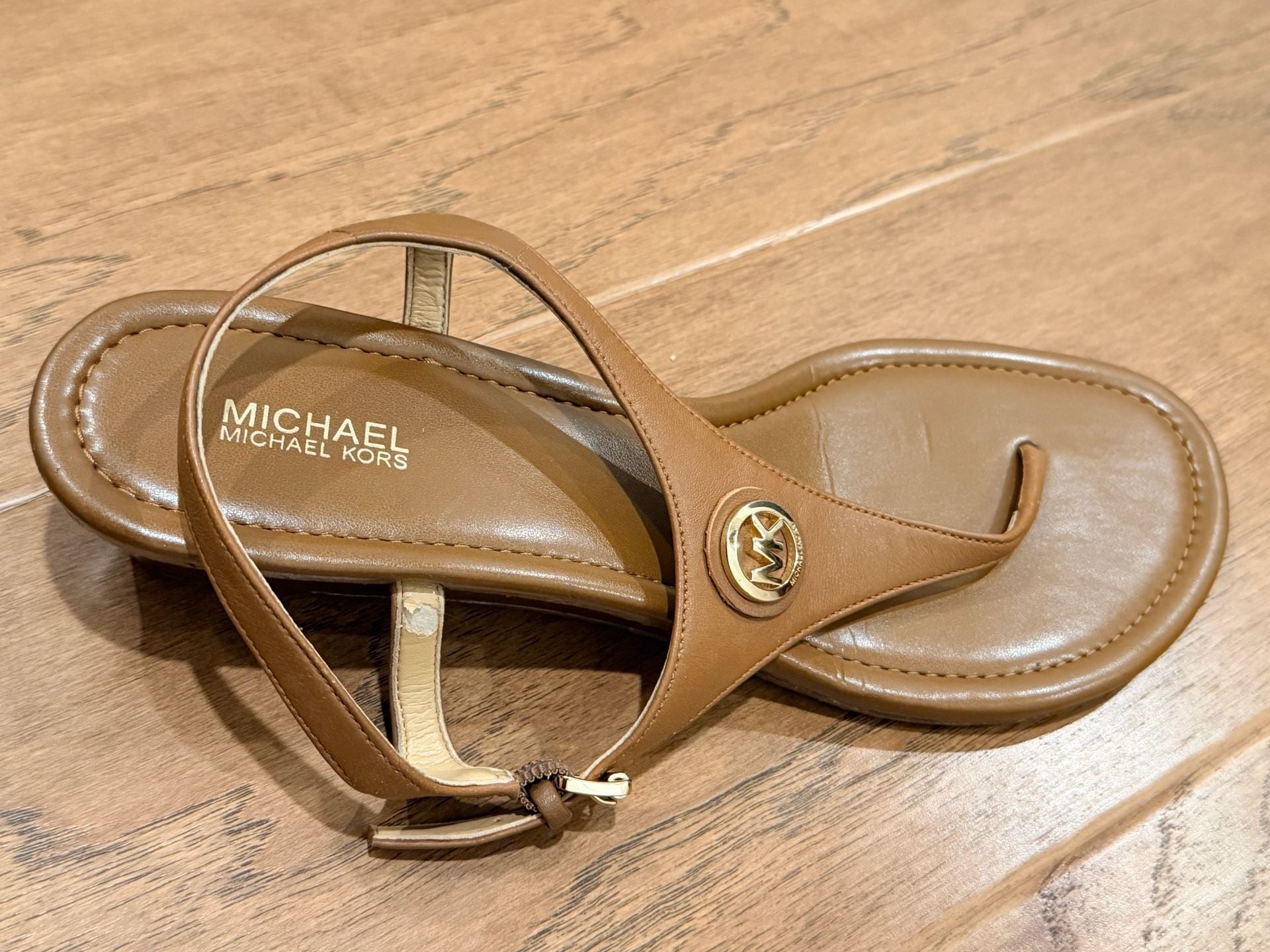 Michael Kors Mandy Leather Logo T-Strap Slingback Sandals Brown 11
