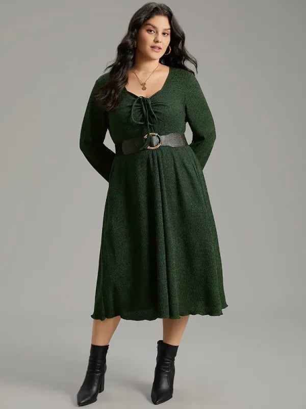 BloomChic Green Textured Dress Size 30 6X Long Sleeve V Neck Tie Front Pockets 2