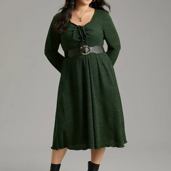 BloomChic Green Textured Dress Size 30 6X Long Sleeve V Neck Tie Front Pockets 