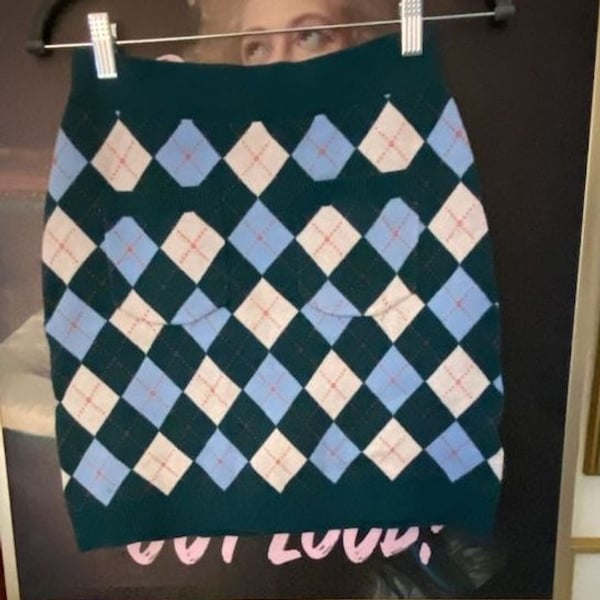 Free People Argyle Viola Mini Skirt Size S Green Blue Sweater Knit