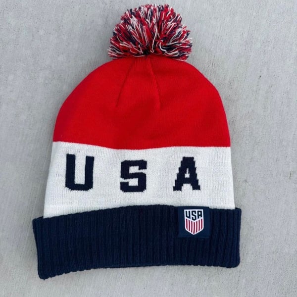 Nike USA Beanie Hat Red White Blue Pom Cuffed