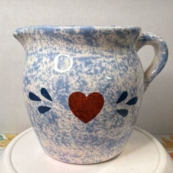 Ceramic Spongeware Creamer Pitcher Blue White Red Heart Folk Art