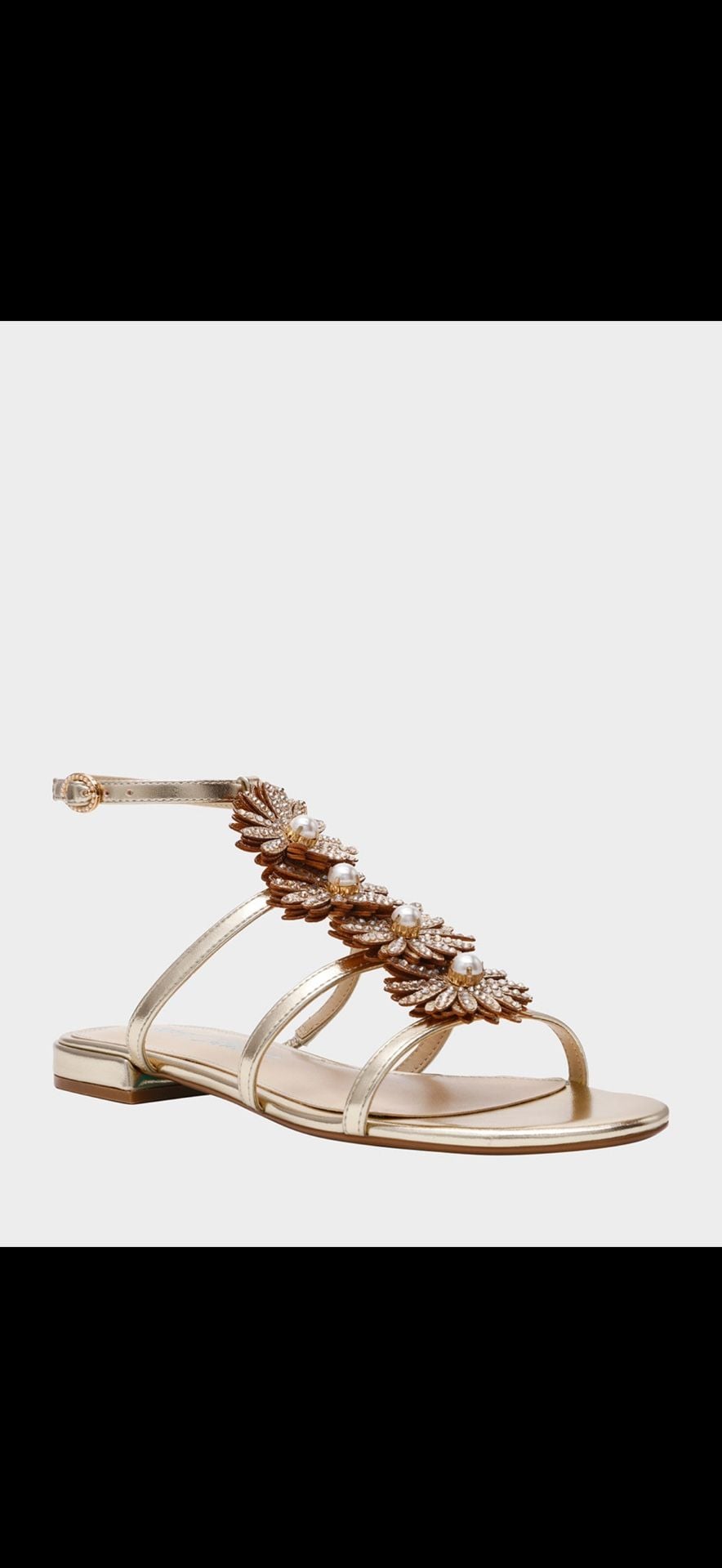 Betsey Johnson Joyce Gold Rhinestone Floral Sandals Size 10 – MSRP $119 2