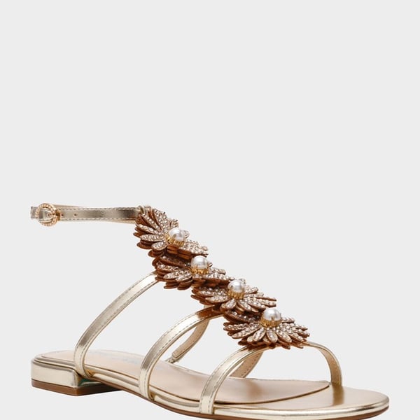 Betsey Johnson Joyce Gold Rhinestone Floral Sandals Size 10 – MSRP $119