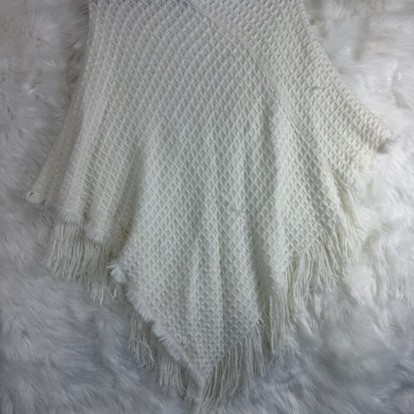 Charlotte Daniel Hooded Knit Poncho White Fringe Tassel Sweater