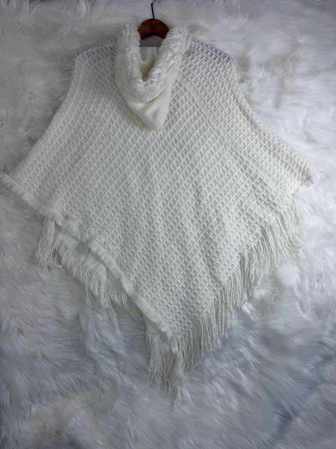 Charlotte Daniel Hooded Knit Poncho White Fringe Tassel Sweater 8