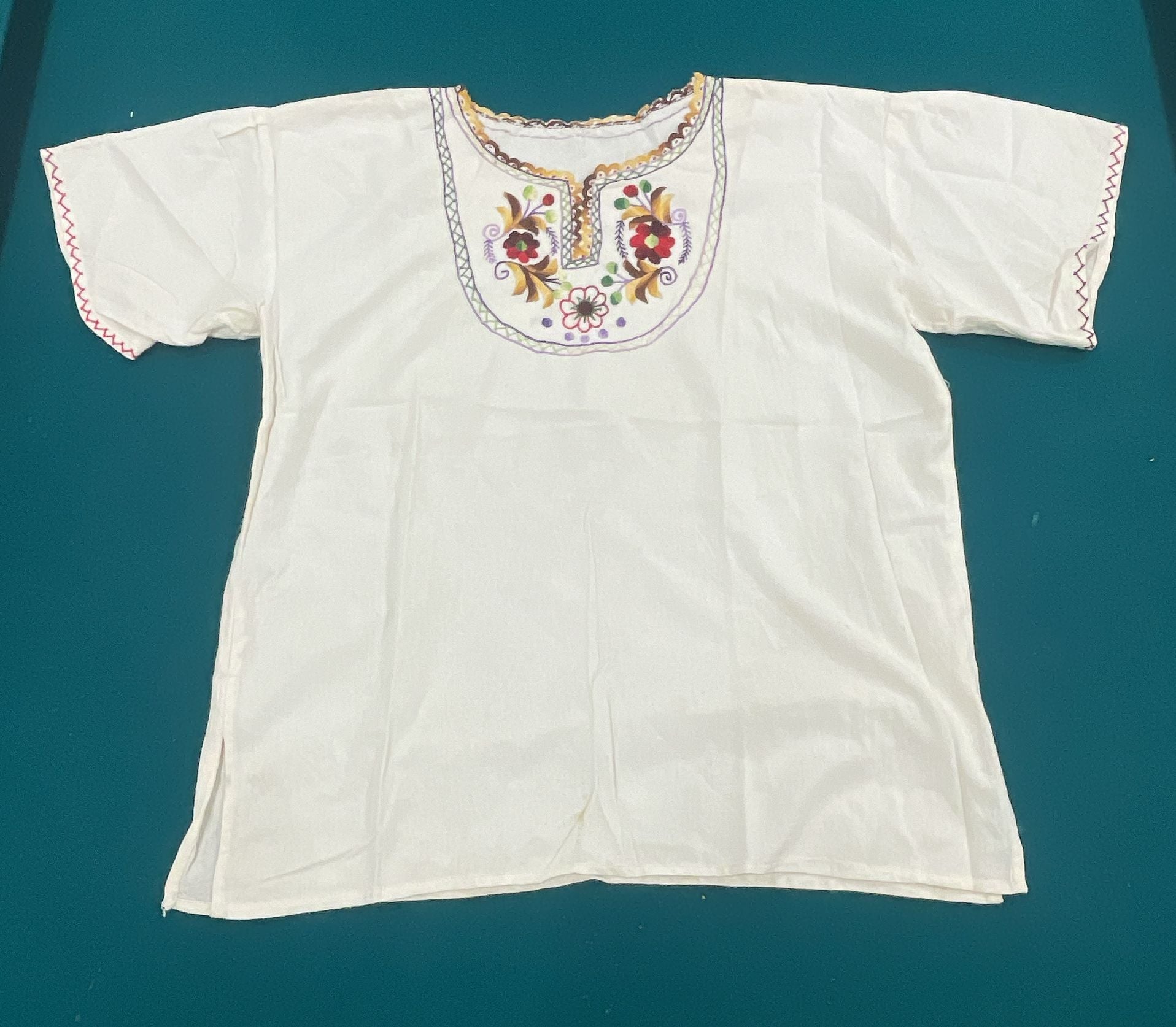 Mexican Artisan Embroidered Blouse White Floral Boho Peasant Top 2