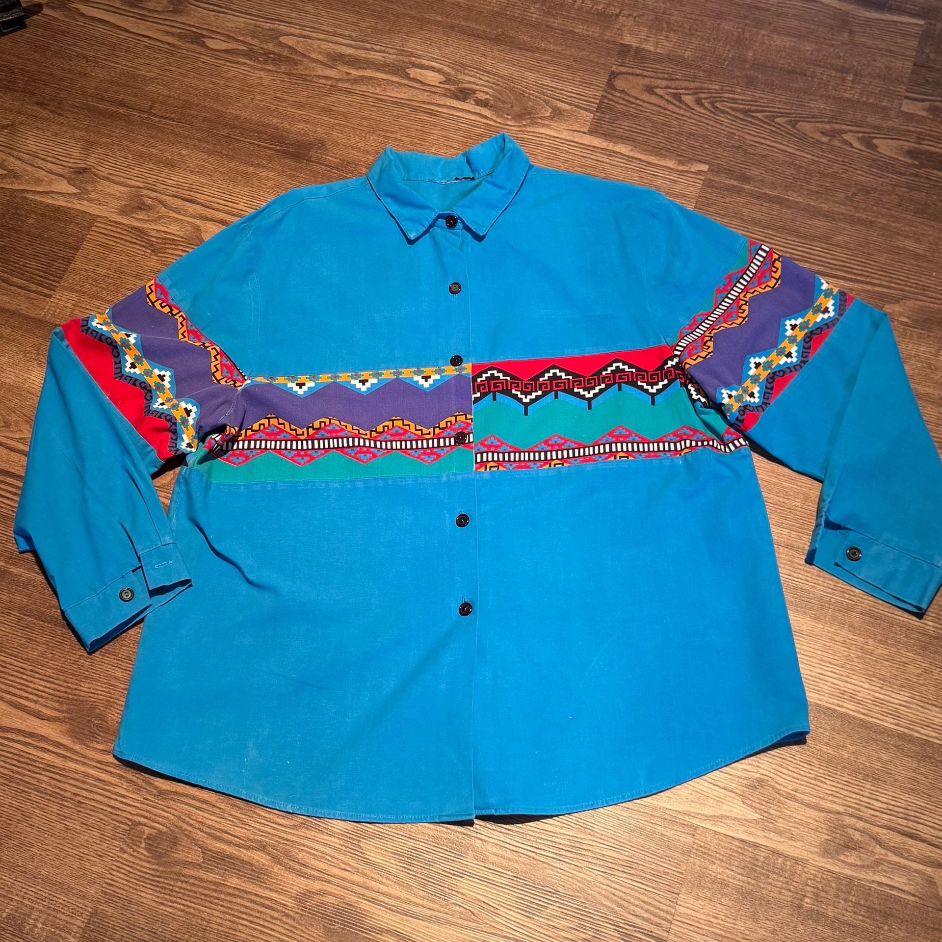 Vintage Southwestern Aztec Geometric Button Down Shirt Turquoise Blue Long Sle 10
