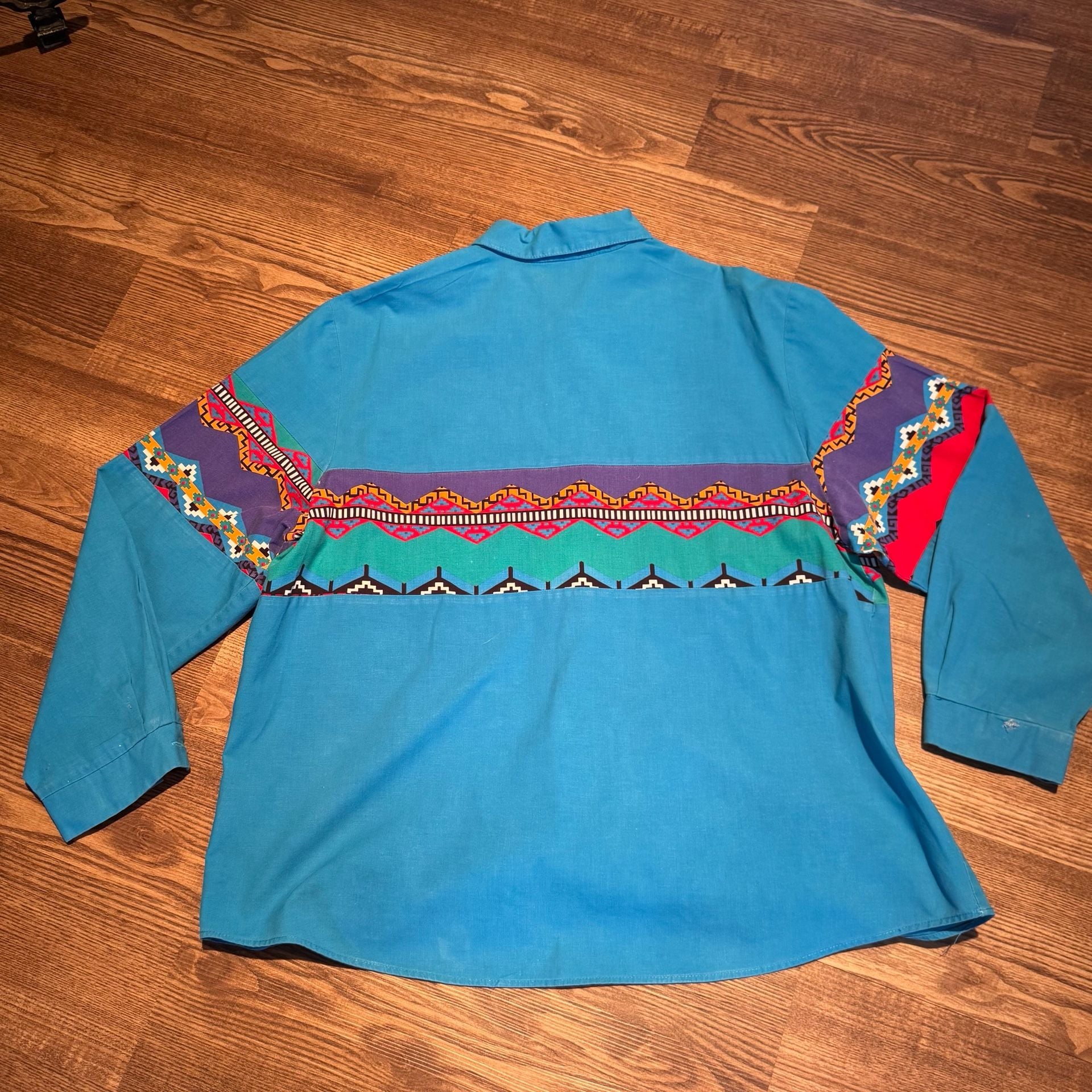 Vintage Southwestern Aztec Geometric Button Down Shirt Turquoise Blue Long Sle 12