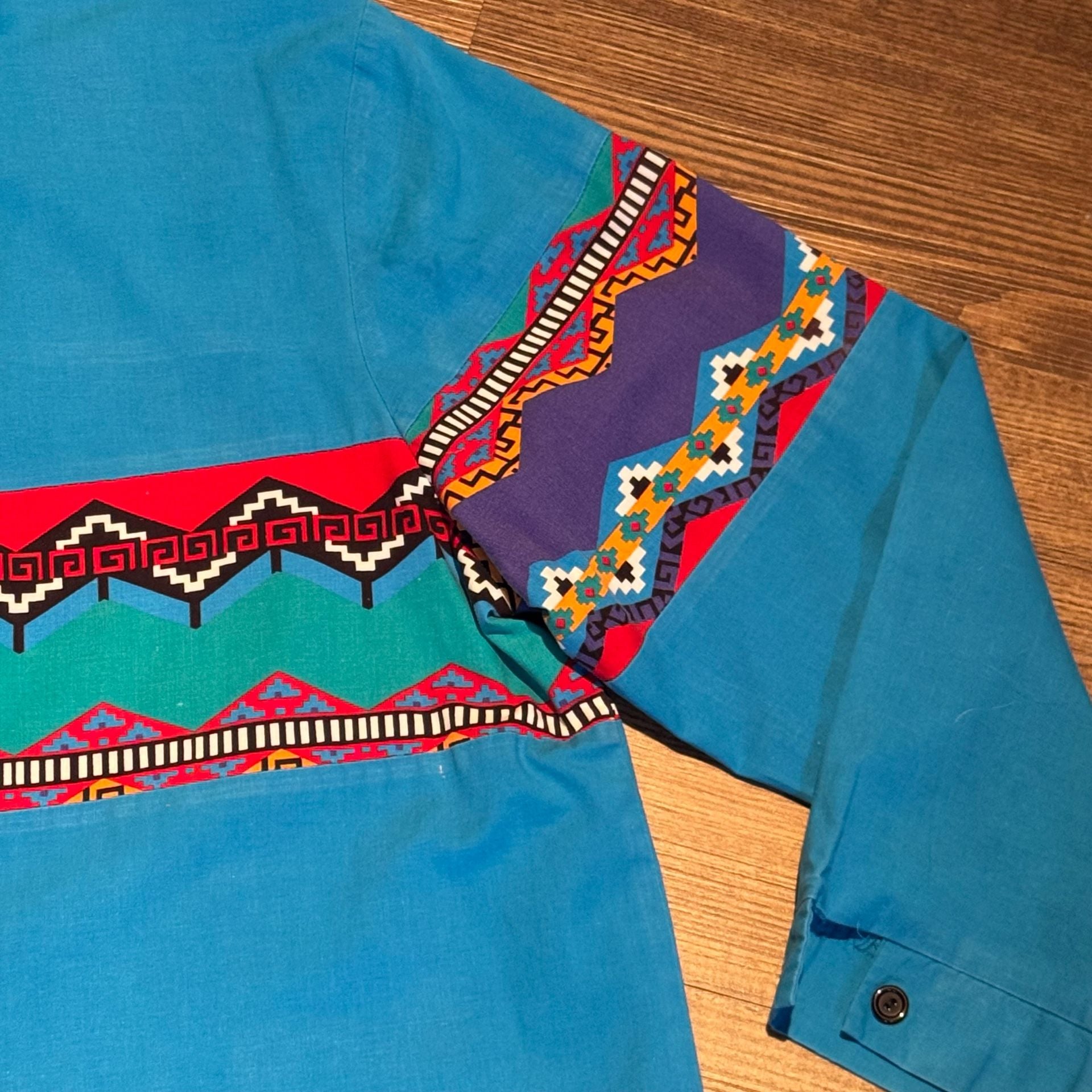 Vintage Southwestern Aztec Geometric Button Down Shirt Turquoise Blue Long Sle 13