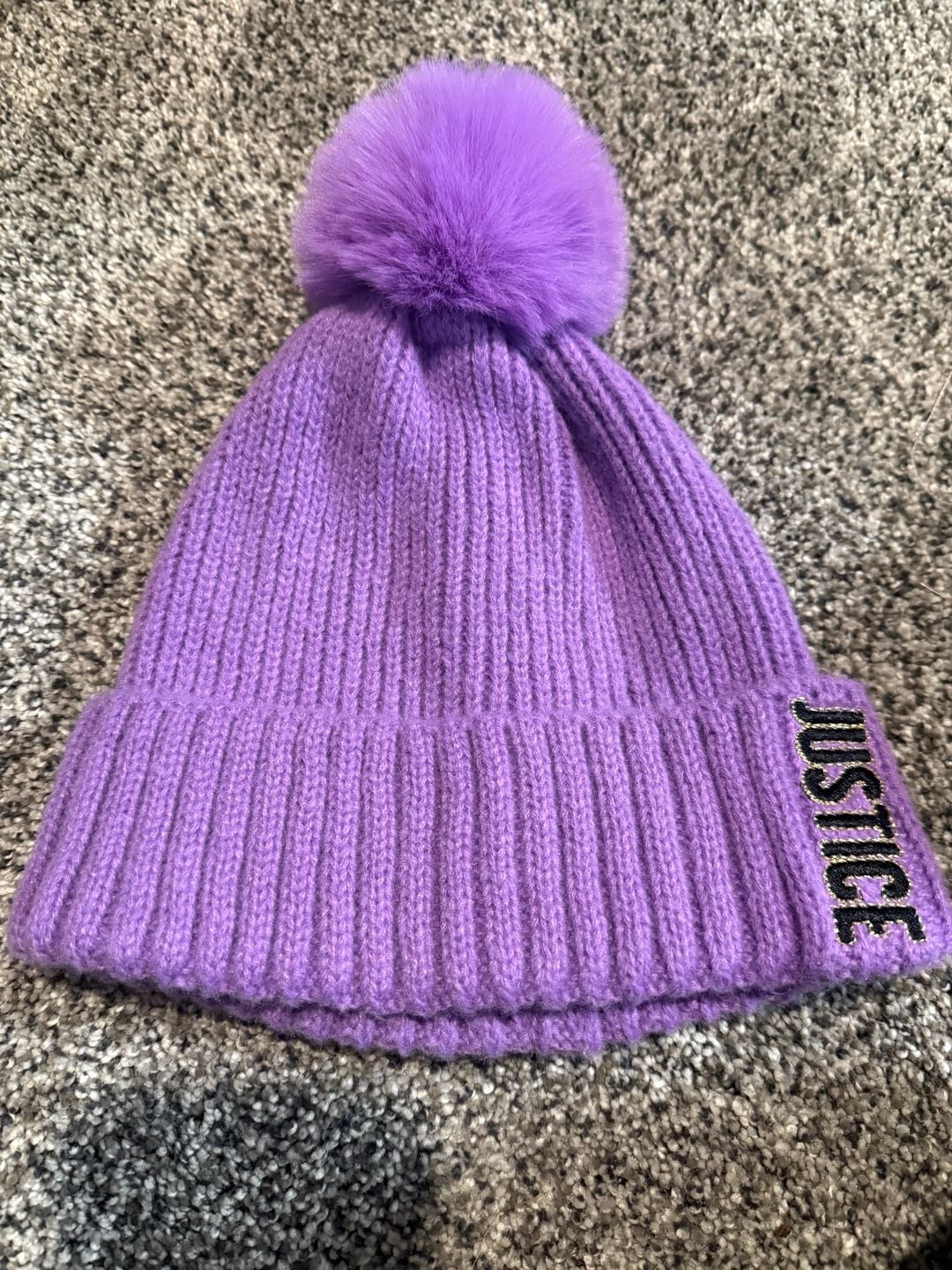 Justice Purple Ribbed Beanie Hat With Faux Fur Pom Pom 2